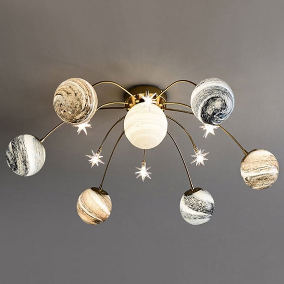 Litfad Litfad Kid's Room Planet Frosted Glass Semi Flush Ceiling Light Modern Gold Ceiling Light for Kindergarten Amusement Park, 13-Lights