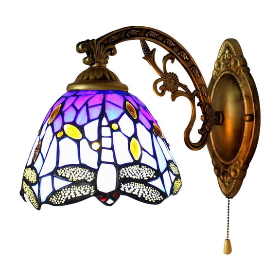 Litfad Litfad Tiffany Style Multi-Color Dragonfly Stained Glass Wall Sconce Lamp Light, 1-Light with Pull Chain