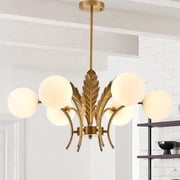 Litfad Mid Century Milk Glass Chandelier Gold G9 Pendant Light Industrial Metal Adjustable Farmhouse Large Globe Semi Flush Mount Light Fixture for Dining Room Kitchen Indoor,White