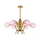 Litfad Mid Century Milk Glass Chandelier Gold G9 Pendant Light Industrial Metal Adjustable Farmhouse Large Globe Semi Flush Mount Light Fixture for Dining Room Kitchen Indoor,Pink