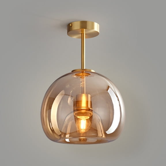 Litfad Mid Century Modern Amber Glass Semi Flush Mount Ceiling Light Dome Shade Close to Ceiling Light Fixture for Hallway Bedroom