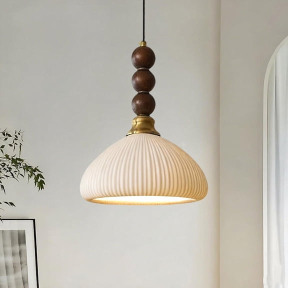 Litfad Mid-Century Modern Ceramics Pendant Lights Dome Fluted Ceramic Shades Hanging Ceiling Lighting,12in