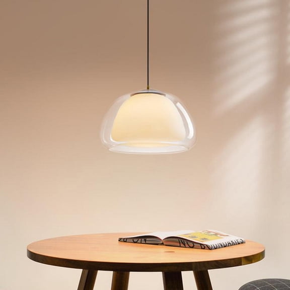 Litfad Mid Century Modern Double Layer Glass Pendant Light Minimalist Bubble Ceiling Pendant Lighting Fixture for Kitchen Island Dining Room Bedroom