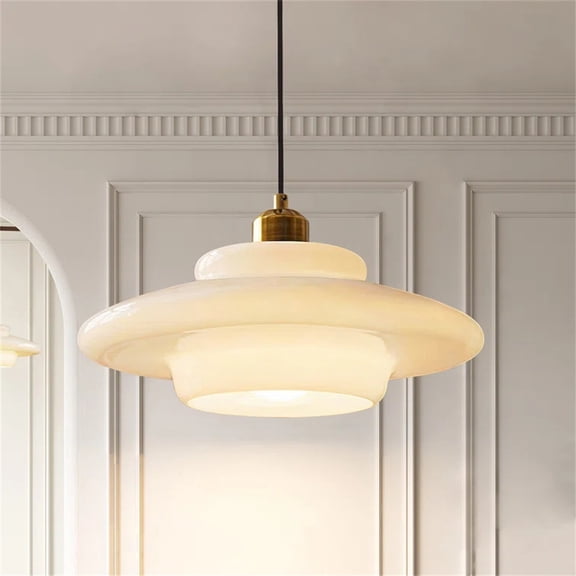 Litfad Mid-Century Scandinavian Style Milk Glass Pendant Light Kitchen Island Hanging Pendant Lamp Fixture,Saucer