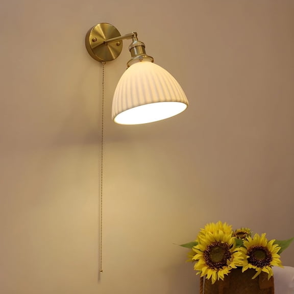Litfad Modern Ceramic Wall Sconce Contemporary Nordic Brass Ribbed Conical Vanity Light Wall Sconce Lamp For Bedroom Bedroom Bathroom Lighting Lights with Pull Chain,7''
