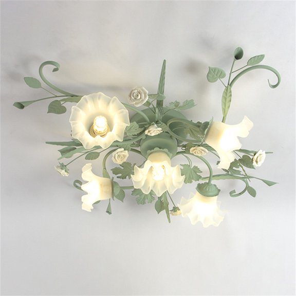 Litfad 5-Light Green Floral Flush Mount Ceiling Light Romantic Flower Shaped Ceiling Lamp for Bedroom Nursery Living Room