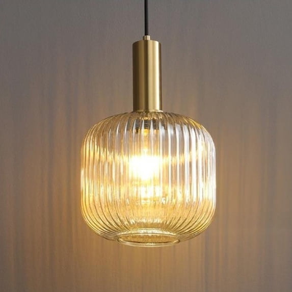 Litfad Modern Ribbed Amber Glass Pendant Light Vintage Brass Hanging Ceiling Light for Kitchen Island,12''