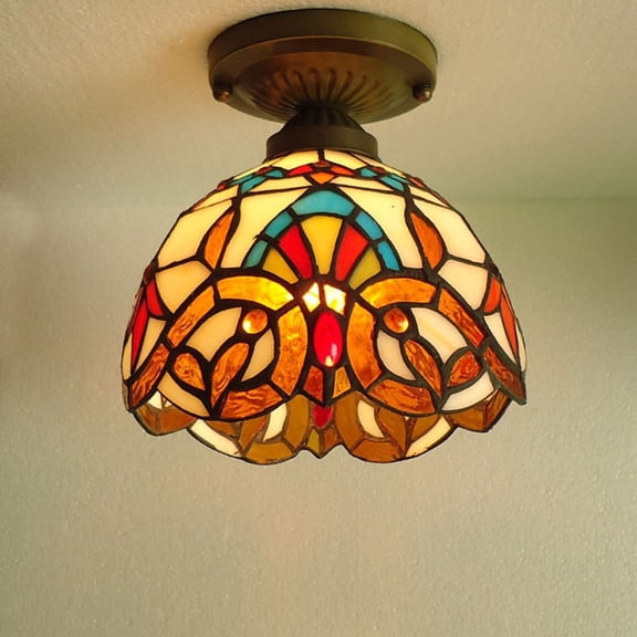 Litfad Tiffany Down Shade Semi Flush Mount Light Victorian Style Ceiling Light with Antique Bronze Finish 8" Width