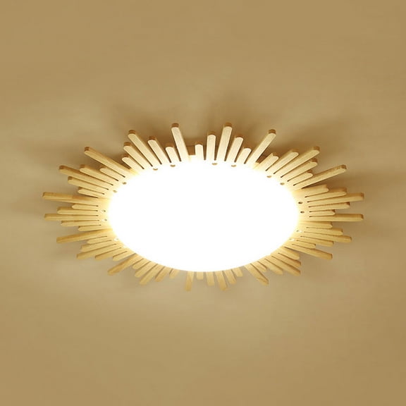 Litfad Modern Sun Wood Flush Mount LED Ceiling Light Close to Ceiling Light Fixture for Bedroom Living Room Kids Room