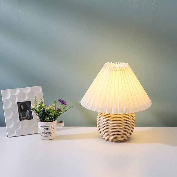 Litfad Nordic Flared Fabric Night Light Modern Table Lamp Bedroom Desk Lighting with Rattan Ball Base, Plug-in