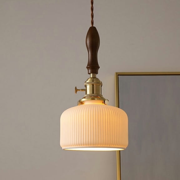 Litfad Nordic Walnut Ceramic Pendant Light Modern French Cream White Brass Kitchen Island Hanging Lighting,Drum Shade