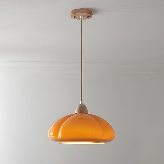 Litfad Retro Pumpkin Orange Glass Pendant Light, Wood Base Hanging Fixture for Kitchen Island Dining Room