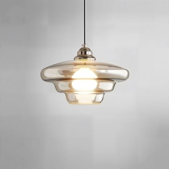 Litfad Retro UFO-Shaped Amber Glass Pendant Light Gold Hanging Lamp for Living Room Entryway,Round