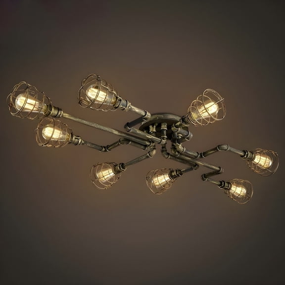 Litfad Rustic Industrial 8-Light Cage Semi Flush Ceiling Light Steampunk Pendant Lamps 55"W Bronze Twisted Pipe Ceiling Lighting