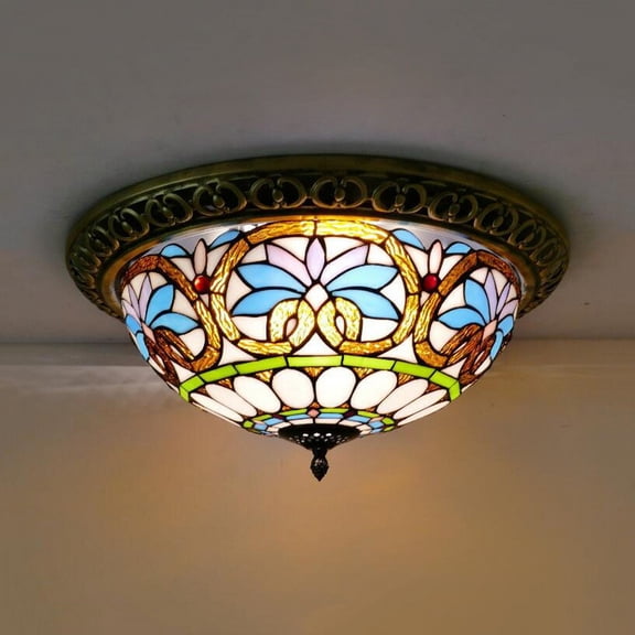 Litfad Tiffany Ceiling Chandelier Light Baroque Vintage Dome Shade Stained Glass Flush Mount Lamp Fixture