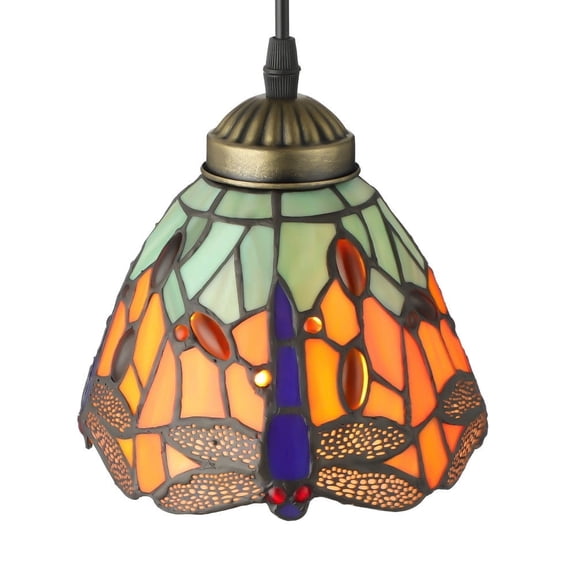Litfad Tiffany Dragonfly Stained Glass Pendant Light Retro Rustic Dome Shade Led Hanging Ceiling Lighting Fixture,Orange