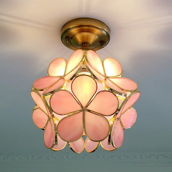Litfad Tiffany Pink Floral Ceiling Light Fixture Retro Stained Glass Flush Mount Ceiling Lighting