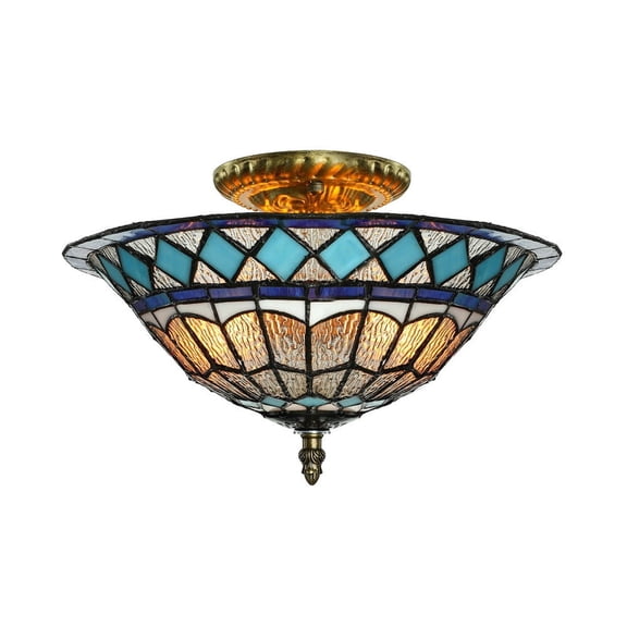 Litfad Tiffany Stained Glass Style Ceiling Lamp Blue Diamond Pattern 12" Flush Mount Ceiling Light for Dining Room Bedroom Corridor