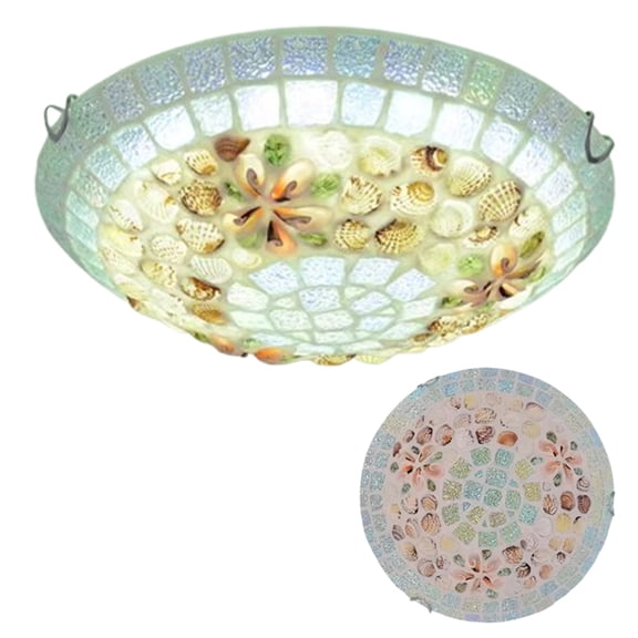 Litfad Tiffany Style Shell Mosaic Flush Mount Ceiling Light Coastal Glass Close to Ceiling Light Fixture Seashell Ceiling Lamp for Bathroom Bedroom