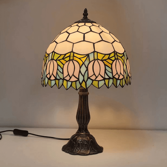 Litfad Tiffany Style Stained Glass Table Lamp Floral Tulip Pattern for Bedroom Living Room