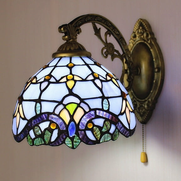 Litfad Tiffany Style Stained Glass Wall Sconce Single Wall Light Retro Wall Lamp Fixture Bedroom,with Pull Chain