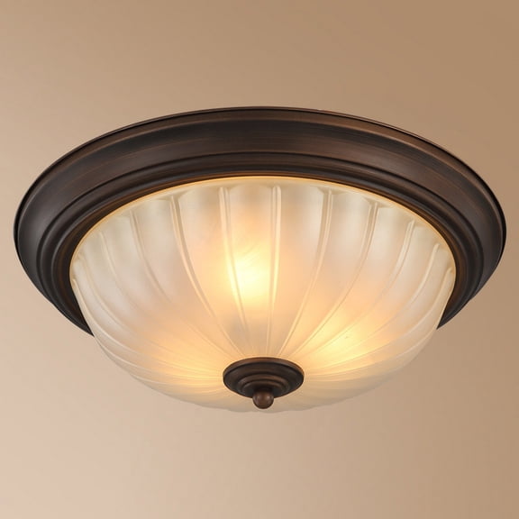 Litfad Traditional Classic Dome Flush Mount Ceiling Light Fixture Frosted Ribbed Glass Ceiling Light for Living Room, Antique Oil Bronze,15''