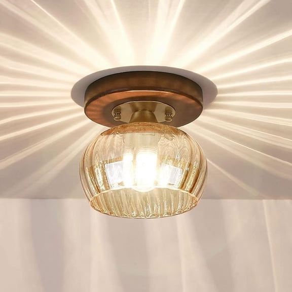 Litfad Traditional Walnut Wood Semi Flush Mount Light Ribbed Glass Ceiling Lamp Hallway,Clear