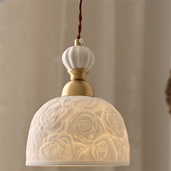 Litfad Vintage Brass Pendant Light Kitchen Island Hanging Light Fixture Ceramic Diffuser Shade, 5.9"