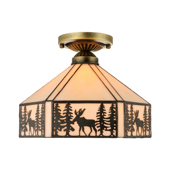 Litfad Vintage Flush Mount Ceiling Light with 11" Wide Lodge Deer Horn Pattern Ceiling Lamp Fixture Tiffany Stained Glass Pendant Light