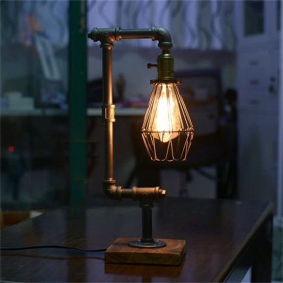 Litfad Vintage Industrial Desk Lamp Steampunk Pipe Table Light Edison Bulb Study Lighting with Wire Cage Decor Plug in