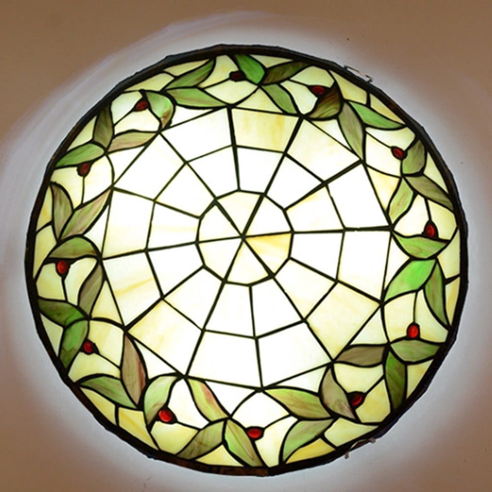 Litfad Vintage Tiffany 3 Light Flush Mount Ceiling Lighting 16" Stained Glass Shade Ceiling Lamp Fixture in Green