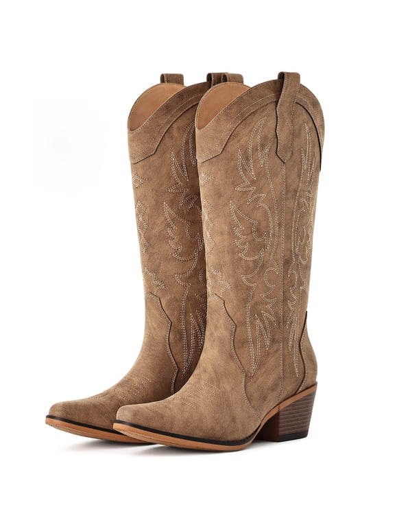Cowboy Boots for Women Wide Calf Embroidered Cowgirl Boots Pointed Toe Chunky Block Heel Western Boots, Brown