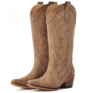 Litfun Cowboy Boots for Women Wide Calf Embroidered Cowgirl Boots Pointed Toe Chunky Block Heel Western Boots, Brown