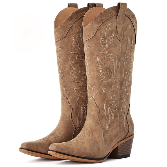 Litfun Cowboy Boots for Women Wide Calf Embroidered Cowgirl Boots Pointed Toe Chunky Block Heel Western Boots, Brown