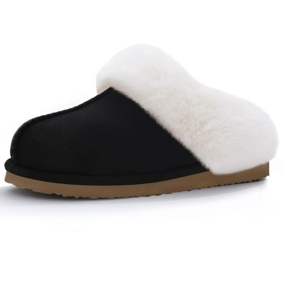 Litfun Fuzzy Memory Foam House Slippers for Women Fluffy Suede Slippers with Faux Fur Collar Indoor Outdoor, Black, Size 5-6