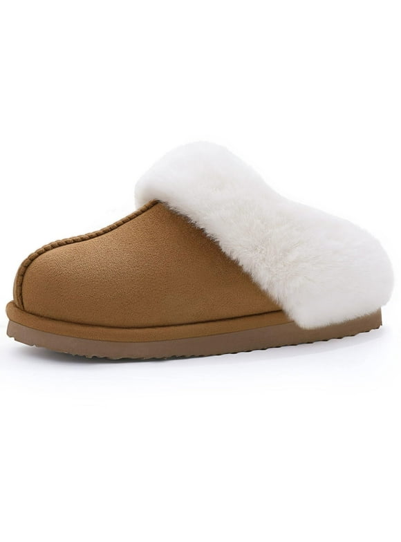 Fuzzy Memory Foam House Slippers for Women Fluffy Suede Slippers with Faux Fur Collar Indoor Outdoor, Chestnut, Size 7.5-8