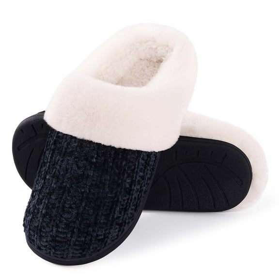 Litfun Fuzzy Slippers for Women Chenille Knit Fleece Slippers Memory Foam House Shoes, Black, Size 11-12