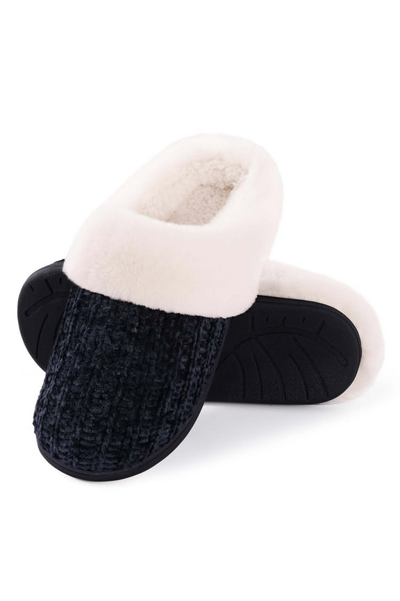 Fuzzy Slippers for Women Chenille Knit Fleece Slippers Memory Foam House Shoes, Black, Size 7-7.5