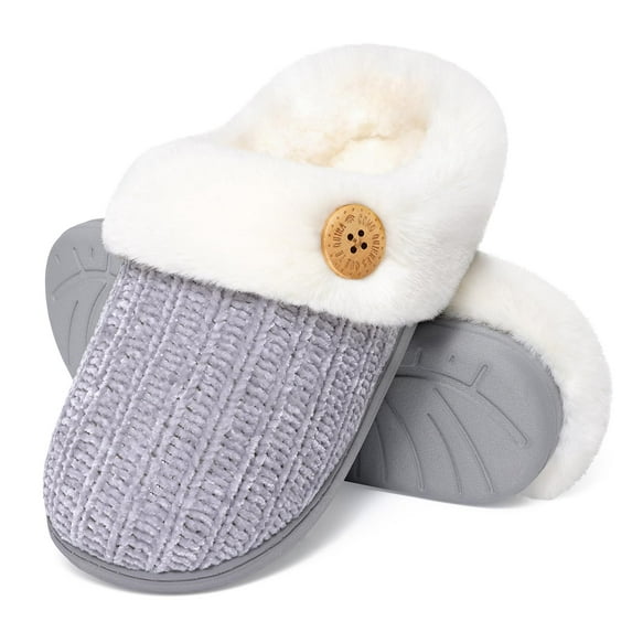 Litfun Fuzzy Slippers for Women Chenille Knit Fleece Slippers Memory Foam House Shoes, Buttoned Grey, Size 11-12