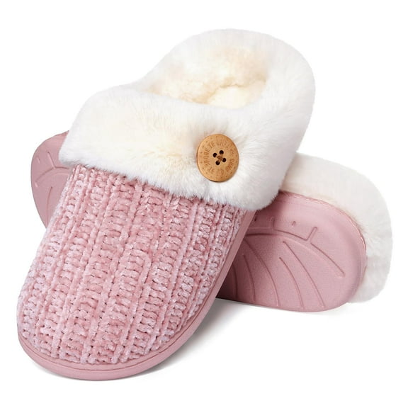 Litfun Fuzzy Slippers for Women Chenille Knit Fleece Slippers Memory Foam House Shoes, Buttoned Pink, Size 8-9