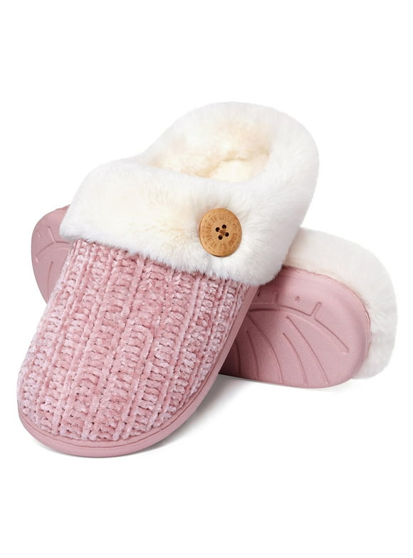 Fuzzy Slippers for Women Chenille Knit Fleece Slippers Memory Foam House Shoes, Buttoned Pink, Size 8-9