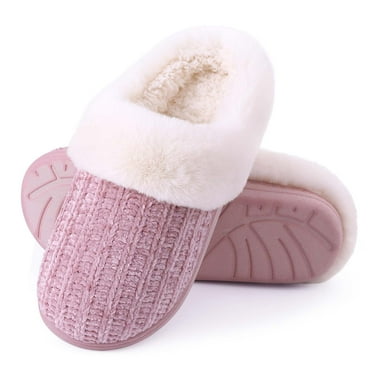 Litfun Fuzzy Slippers for Women Chenille Knit Fleece Slippers Memory Foam House Shoes, Pink, Size 7-7.5