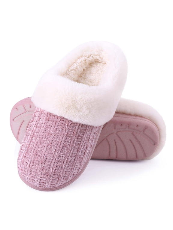Fuzzy Slippers for Women Chenille Knit Fleece Slippers Memory Foam House Shoes, Pink, Size 8-9