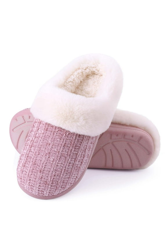 Fuzzy Slippers for Women Chenille Knit Fleece Slippers Memory Foam House Shoes, Pink, Size 9.5-10.5