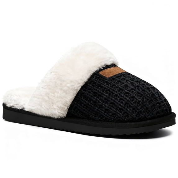 Litfun Fuzzy Slippers for Women Memory Foam Slippers Winter House Shoes Indoor and Outdoor, Knit Black