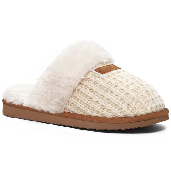 Litfun Fuzzy Slippers for Women Memory Foam Slippers Winter House Shoes Indoor and Outdoor, Knit Cream White