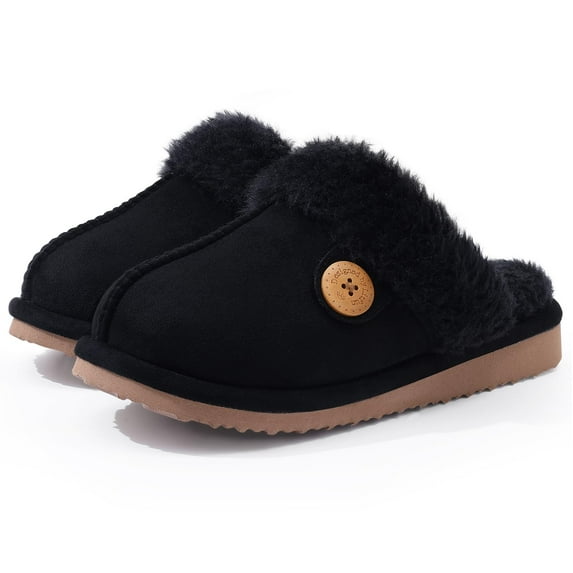 Litfun Fuzzy Slippers for Women Memory Foam Winter Warm House Shoes Indoor Outdoor, Black, Size 6-6.5