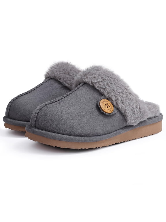 Fuzzy Slippers for Women Memory Foam Winter Warm House Shoes Indoor Outdoor, Grey, Size 6-6.5