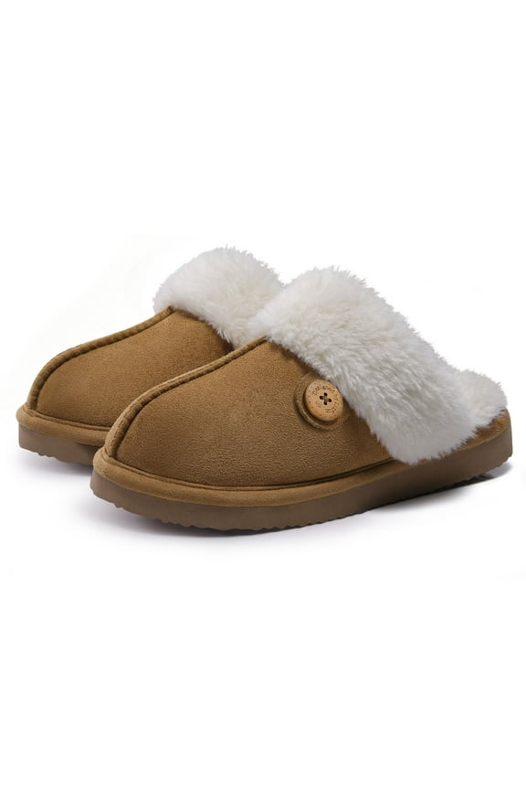 Fuzzy Slippers for Women Memory Foam Winter Warm House Shoes Indoor Outdoor, Khaki, Size 8-8.5