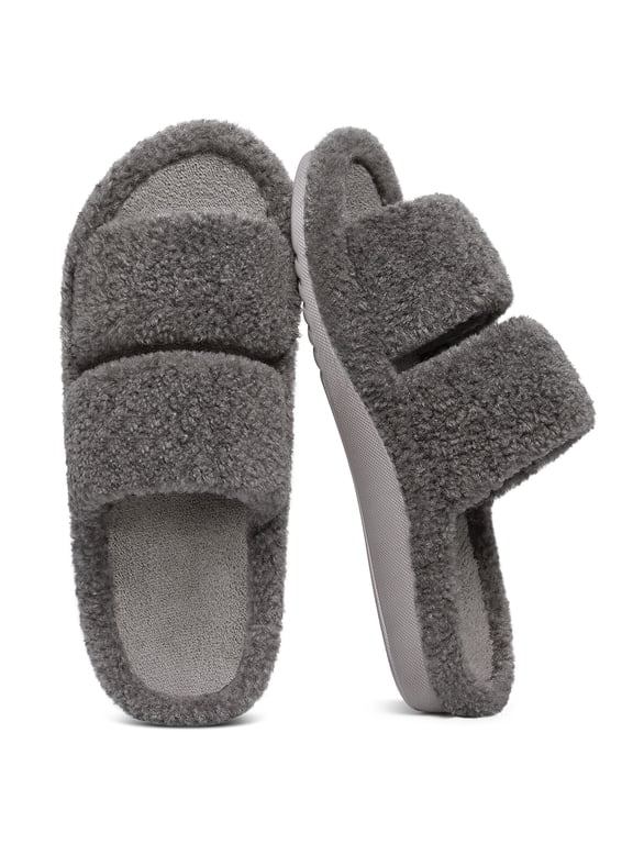 Fuzzy Slippers for Women with Arch Support Open Toe House Slippers Cozy Double Straps Bedroom Shoes, Grey